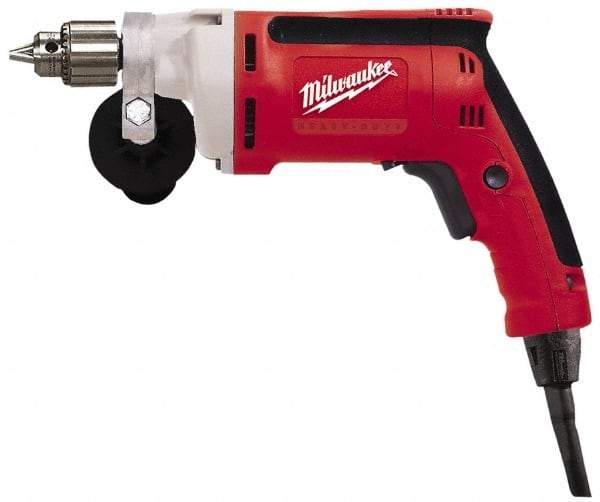 Milwaukee Tool - 1/4" Keyed Chuck, 2,500 RPM, Pistol Grip Handle Electric Drill - 7 Amps, 120 Volts, Reversible, Includes Chuck Key with Holder & Side Handle - Grade Industrial Supply