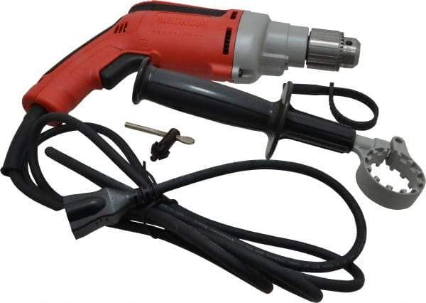 Milwaukee Tool - 3/8" Keyed Chuck, 1,200 RPM, Pistol Grip Handle Electric Drill - 7 Amps, 120 Volts, Reversible, Includes 3/8" Magnum Drill, Chuck Key with Holder, Side Handle - Grade Industrial Supply