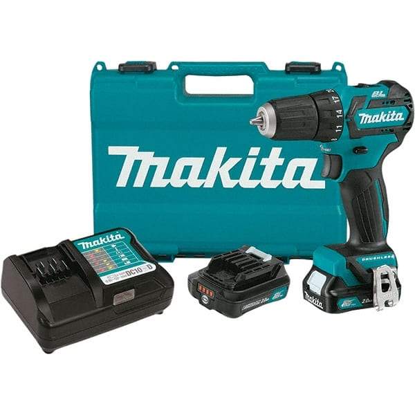 Makita - 12 Volt 3/8" Chuck Pistol Grip Handle Cordless Drill - 0-1500 RPM, Keyless Chuck, Reversible, 2 Lithium-Ion Batteries Included - Grade Industrial Supply