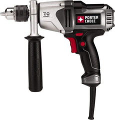 Porter-Cable - 1/2" Keyed Chuck, 800 RPM, Pistol Grip Handle Electric Drill - 7 Amps, 120 Volts, Reversible, Includes Side Handle & Chuck Key with Holder - Grade Industrial Supply