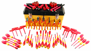 66 Piece - Insulated Tool Set with Pliers; Cutters; Nut Drivers; Screwdrivers; T Handles; Knife; Sockets & 3/8" Drive Ratchet w/Extension; Adjustable Wrench - Grade Industrial Supply