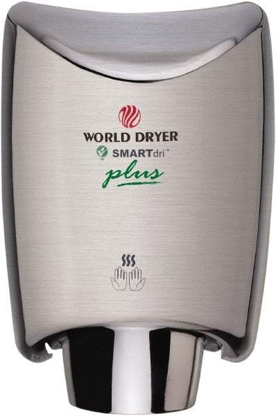 World Dryer - 1200 Watt Silver Finish Electric Hand Dryer - 100/120 Volts, 10 Amps, 9.3" Wide x 12-1/2" High x 7.6" Deep - Grade Industrial Supply