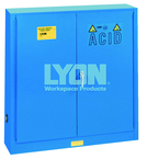 Wall-Mount Bench Acid Cabinet - #5566 - 43 x 12 x 44" - 20 Gallon - w/5 shelves, six poly trays, 2-door manual close - Blue Only - Grade Industrial Supply