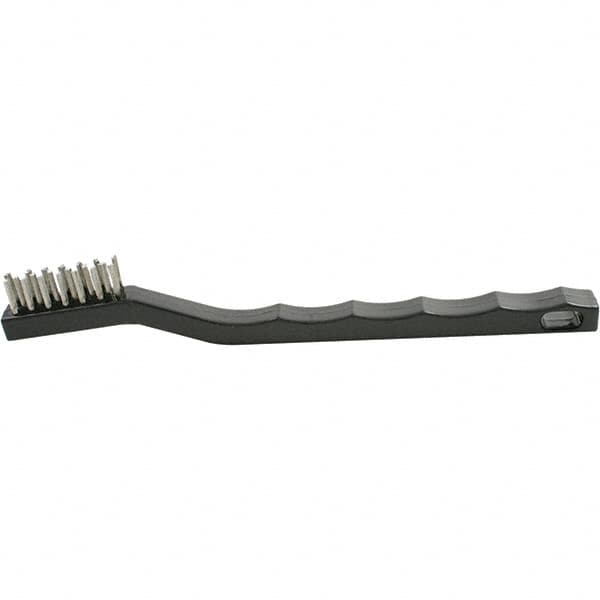 Brush Research Mfg. - 2 Rows x 7 Columns Stainless Steel Scratch Brush - 1/2" Brush Length, 7-1/4" OAL, 1/2 Trim Length, Wood Curved Back Handle - Grade Industrial Supply