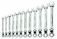 12 Piece - 12 Pt Ratcheting Flex-Head Combination Wrench Set - High Polish Chrome Finish - Metric 8mm - 19mm - Grade Industrial Supply