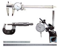 Kit Contains: 6" Dial Caliper; 0-1" Outside Micrometer; Mag Base With Fine Adjustment; 1" Travel Indicator; 6" 4R Scale And 12" 4R Scale - 6 Piece Machinist Set Up & Inspection Kit - Grade Industrial Supply