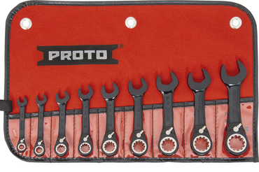 Proto® 9 Piece Black Chrome Combination Stubby Reversible Ratcheting Wrench Set - Spline - Grade Industrial Supply