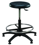 Round Black Polyurethane Stool - Standard Glides, 14" Seat Dia, 18" Adj Footring, Pneumatic Hgt Adj. Black, Plastic ABS Five Star Base, Bench Hgt 22.5" - 32.5" - Grade Industrial Supply