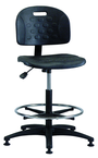 Polyurethane Task Stool - Standard Glides, Casters Optional, Pneumatic Hgt. Adj., Waterfall Seat, Adj. Contoured Backrest, Black Plastic ABS Base, 20" Adj. Footring, Bench Hgt 22.5" - 32.5" - Grade Industrial Supply