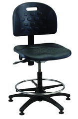 Black Polyurethane Task Stool - Adj. Contoured Backrest, Waterfall Seat, Seat and Back Tilt,  Glides Standard, Pneu Hgt. Adj., 20" Adj. Footring, Black Plastic ABS Base, Bench Hgt 23.5"-33.5" - Grade Industrial Supply